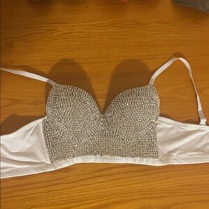 Silver Rhinestone White Bra Top rave wear